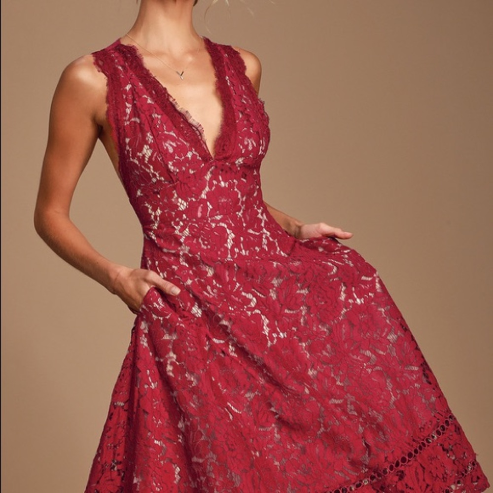 LuLus Burgundy Lace Sleeveless Midi Dress